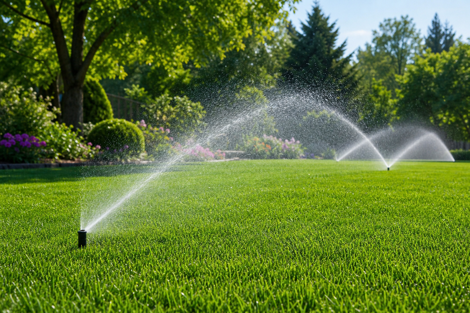 Gepflegter Rasen mit Sprinklern in einem sonnigen Garten